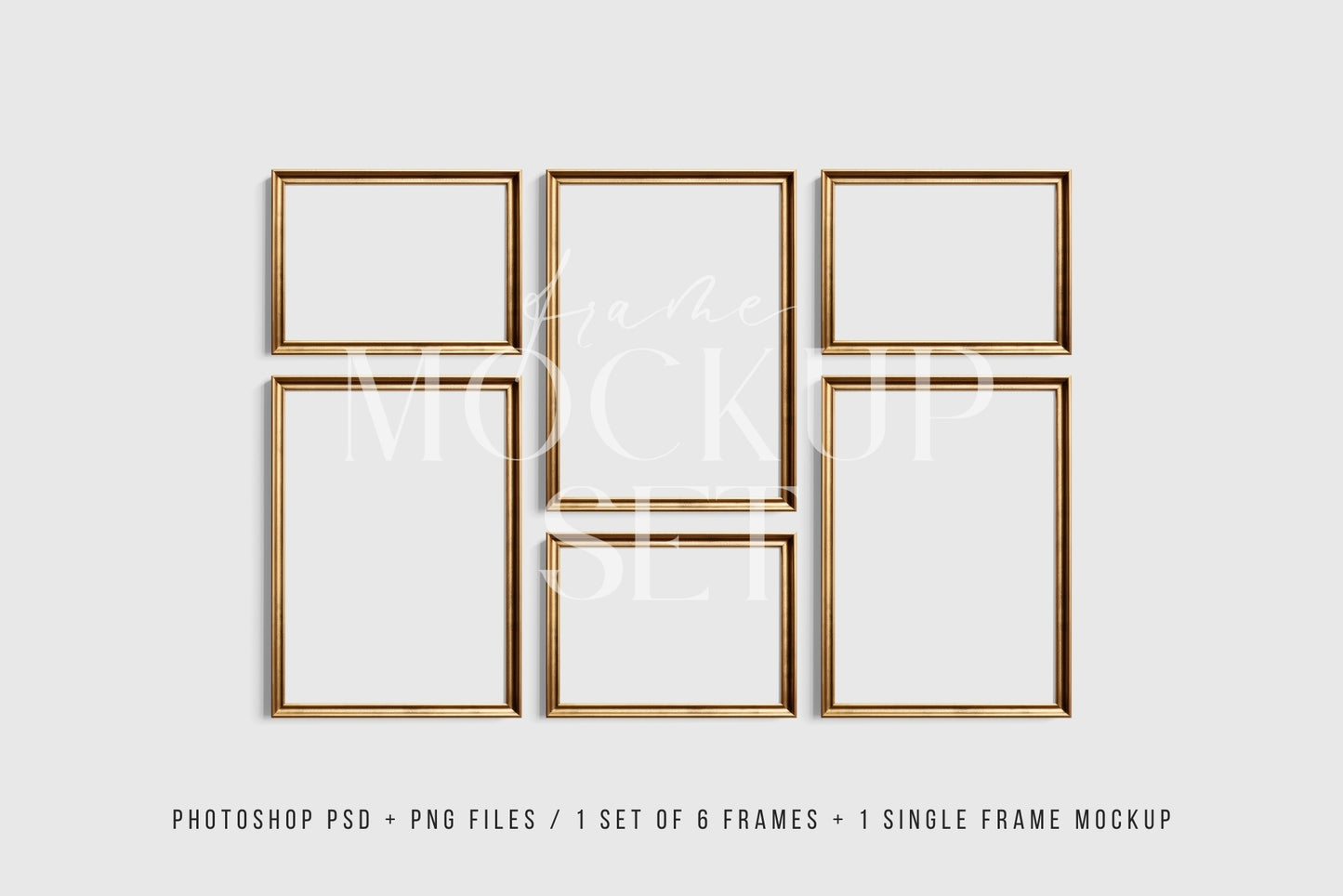 Gold Metallic Gallery Wall Mockup | Frame Mockup Set of 6 Vertical and Horizontal Frames A3, A2 | Aspect Ratios 5:7 and 7:5 | Vintage Gold Frame Mockup Set | PSD Template + Transparent PNG Files