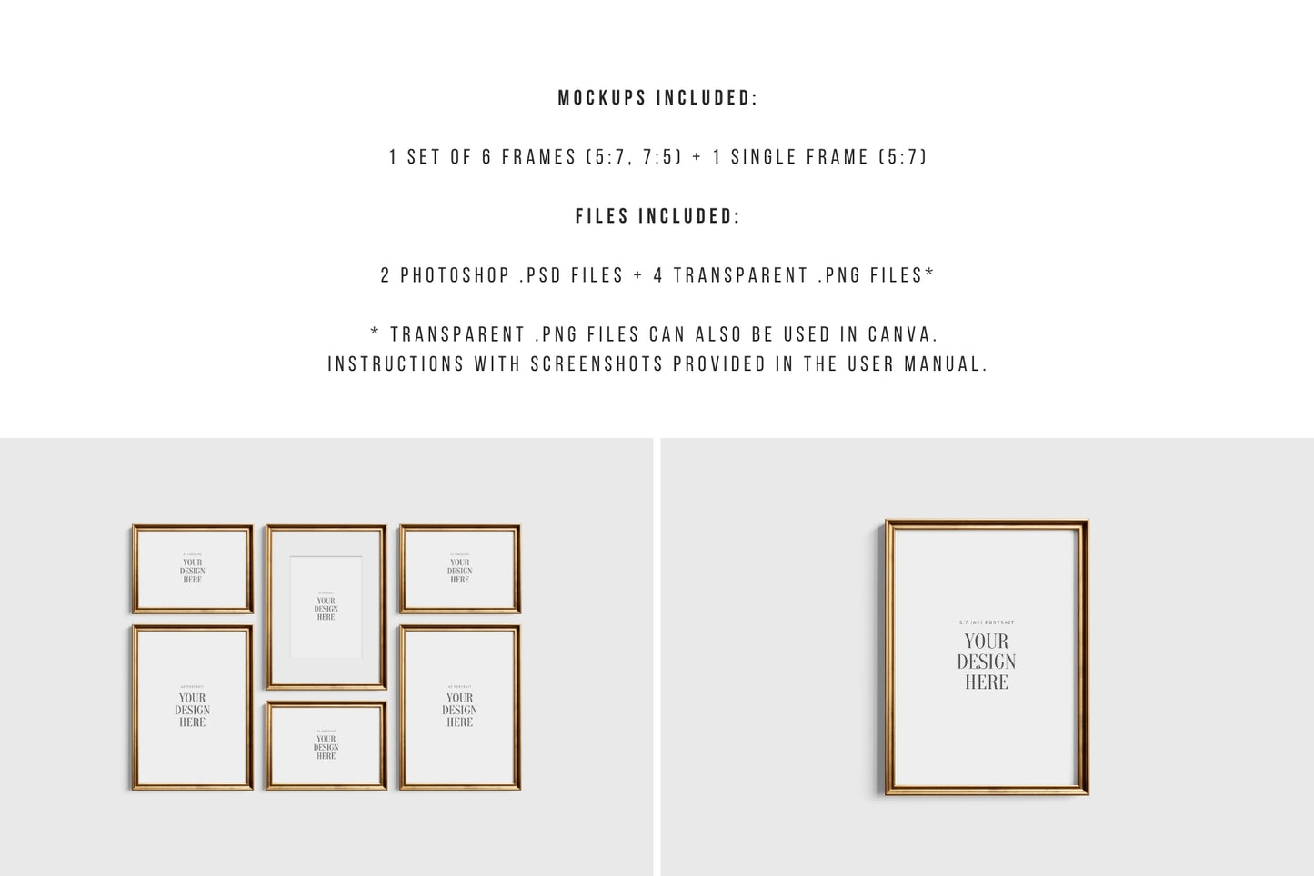 Gold Metallic Gallery Wall Mockup | Frame Mockup Set of 6 Vertical and Horizontal Frames A3, A2 | Aspect Ratios 5:7 and 7:5 | Vintage Gold Frame Mockup Set | PSD Template + Transparent PNG Files