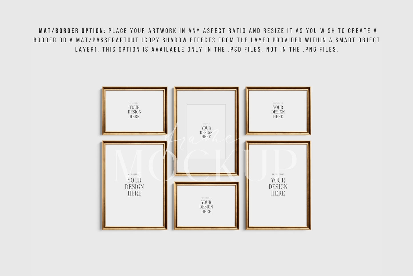 Gold Metallic Gallery Wall Mockup | Frame Mockup Set of 6 Vertical and Horizontal Frames A3, A2 | Aspect Ratios 5:7 and 7:5 | Vintage Gold Frame Mockup Set | PSD Template + Transparent PNG Files