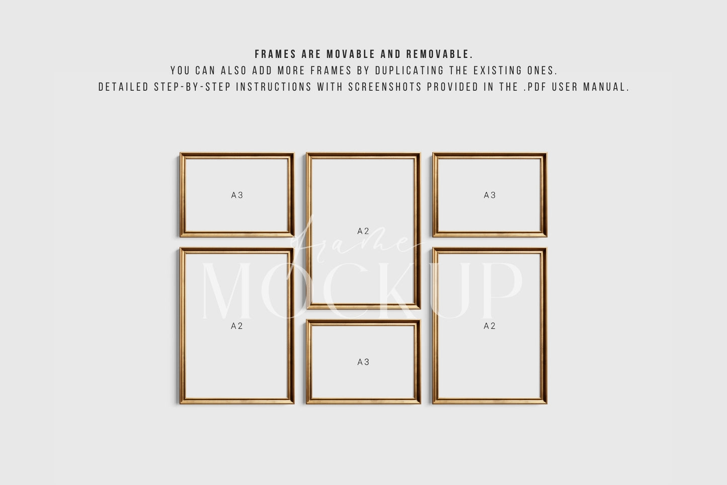 Gold Metallic Gallery Wall Mockup | Frame Mockup Set of 6 Vertical and Horizontal Frames A3, A2 | Aspect Ratios 5:7 and 7:5 | Vintage Gold Frame Mockup Set | PSD Template + Transparent PNG Files
