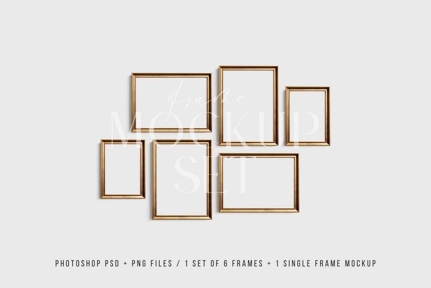 Gold Metallic Gallery Wall Mockup | Frame Mockup Set of 6 Vertical and Horizontal Frames A4, A3 | Aspect Ratios 5:7 and 7:5 | Vintage Gold Frame Mockup Set | PSD Template + Transparent PNG Files