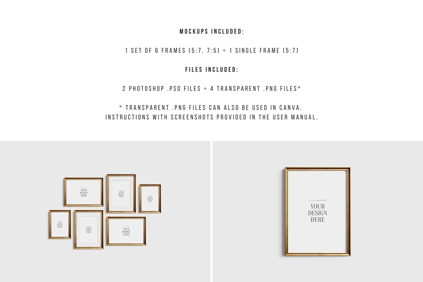 Gold Metallic Gallery Wall Mockup | Frame Mockup Set of 6 Vertical and Horizontal Frames A4, A3 | Aspect Ratios 5:7 and 7:5 | Vintage Gold Frame Mockup Set | PSD Template + Transparent PNG Files