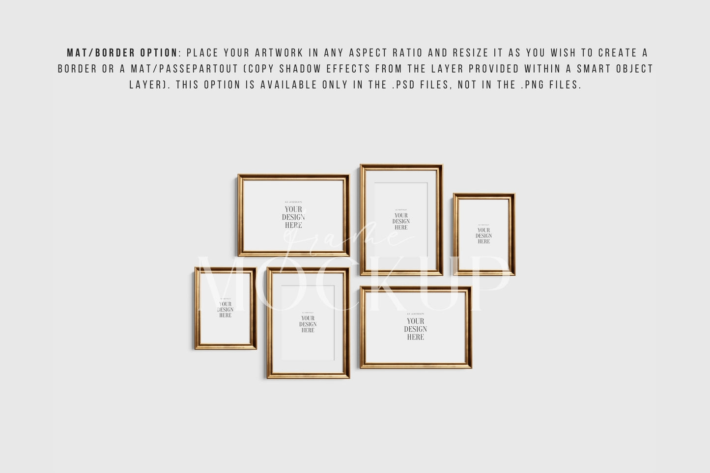 Gold Metallic Gallery Wall Mockup | Frame Mockup Set of 6 Vertical and Horizontal Frames A4, A3 | Aspect Ratios 5:7 and 7:5 | Vintage Gold Frame Mockup Set | PSD Template + Transparent PNG Files