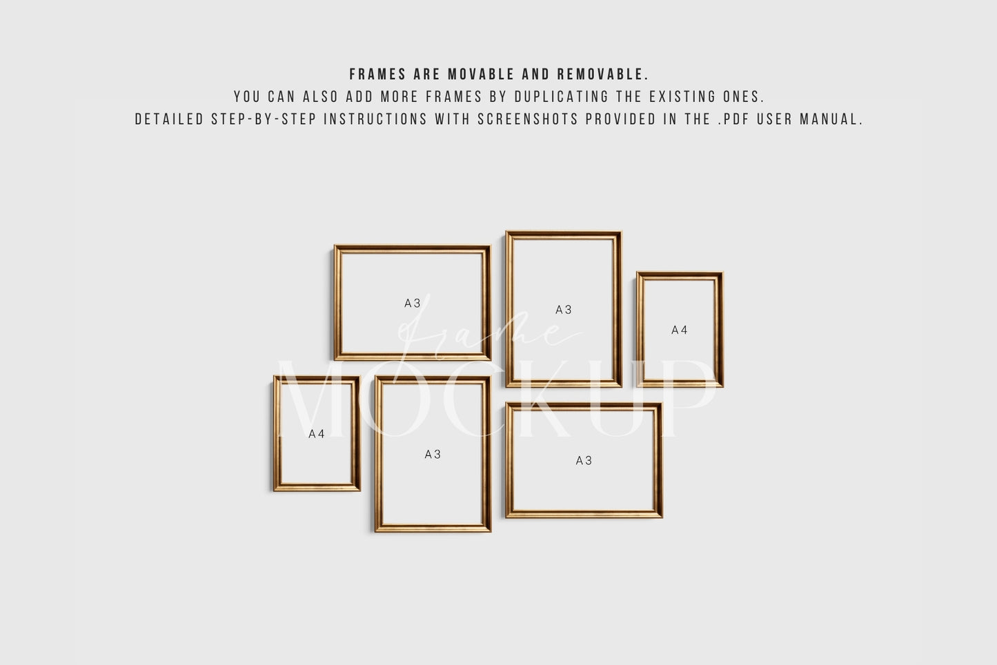 Gold Metallic Gallery Wall Mockup | Frame Mockup Set of 6 Vertical and Horizontal Frames A4, A3 | Aspect Ratios 5:7 and 7:5 | Vintage Gold Frame Mockup Set | PSD Template + Transparent PNG Files