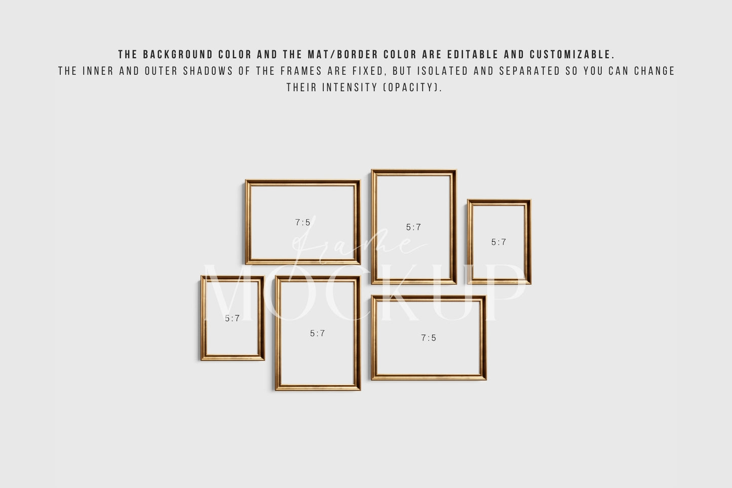 Gold Metallic Gallery Wall Mockup | Frame Mockup Set of 6 Vertical and Horizontal Frames A4, A3 | Aspect Ratios 5:7 and 7:5 | Vintage Gold Frame Mockup Set | PSD Template + Transparent PNG Files