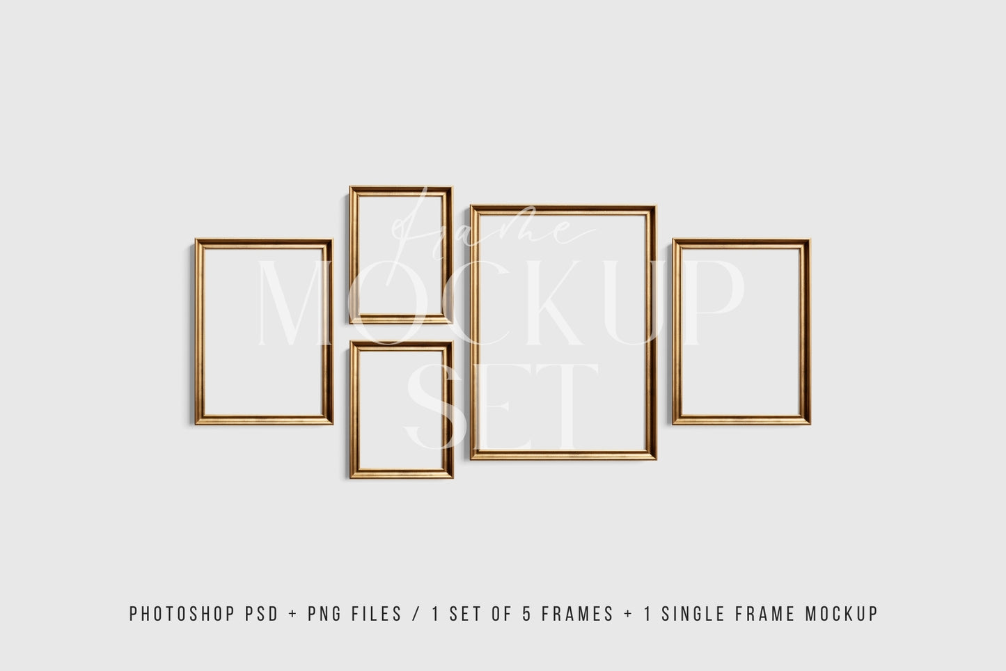 Gold Metallic Gallery Wall Mockup | Frame Mockup Set of 5 Vertical Frames A4, A3, A2 | Aspect Ratio 5:7 | Vintage Gold Frame Mockup Set | PSD Template + Transparent PNG Files