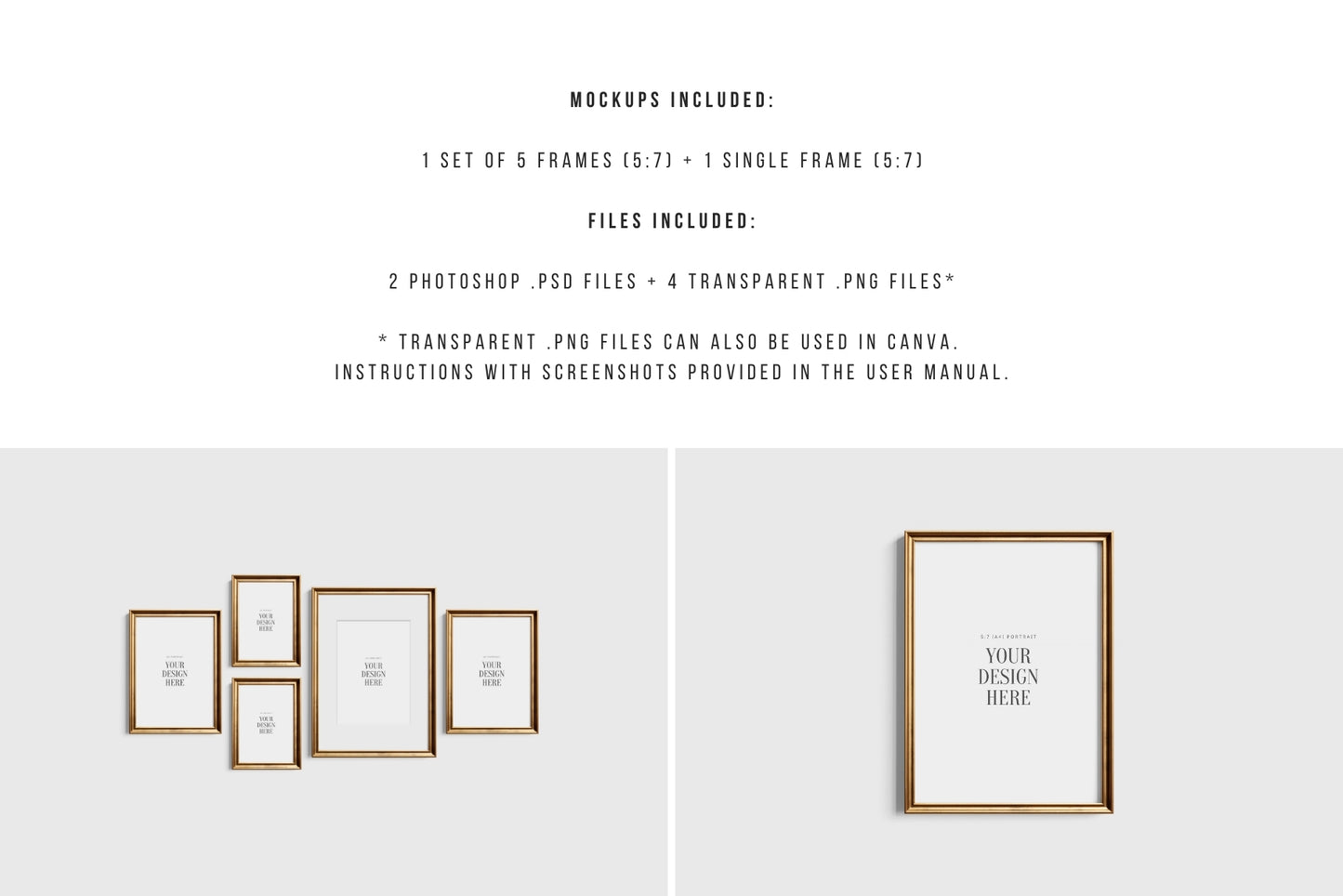 Gold Metallic Gallery Wall Mockup | Frame Mockup Set of 5 Vertical Frames A4, A3, A2 | Aspect Ratio 5:7 | Vintage Gold Frame Mockup Set | PSD Template + Transparent PNG Files