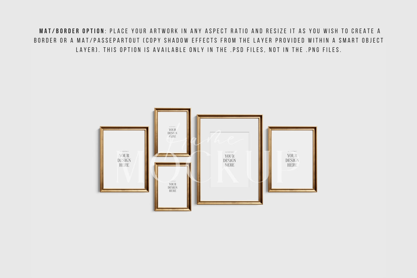Gold Metallic Gallery Wall Mockup | Frame Mockup Set of 5 Vertical Frames A4, A3, A2 | Aspect Ratio 5:7 | Vintage Gold Frame Mockup Set | PSD Template + Transparent PNG Files