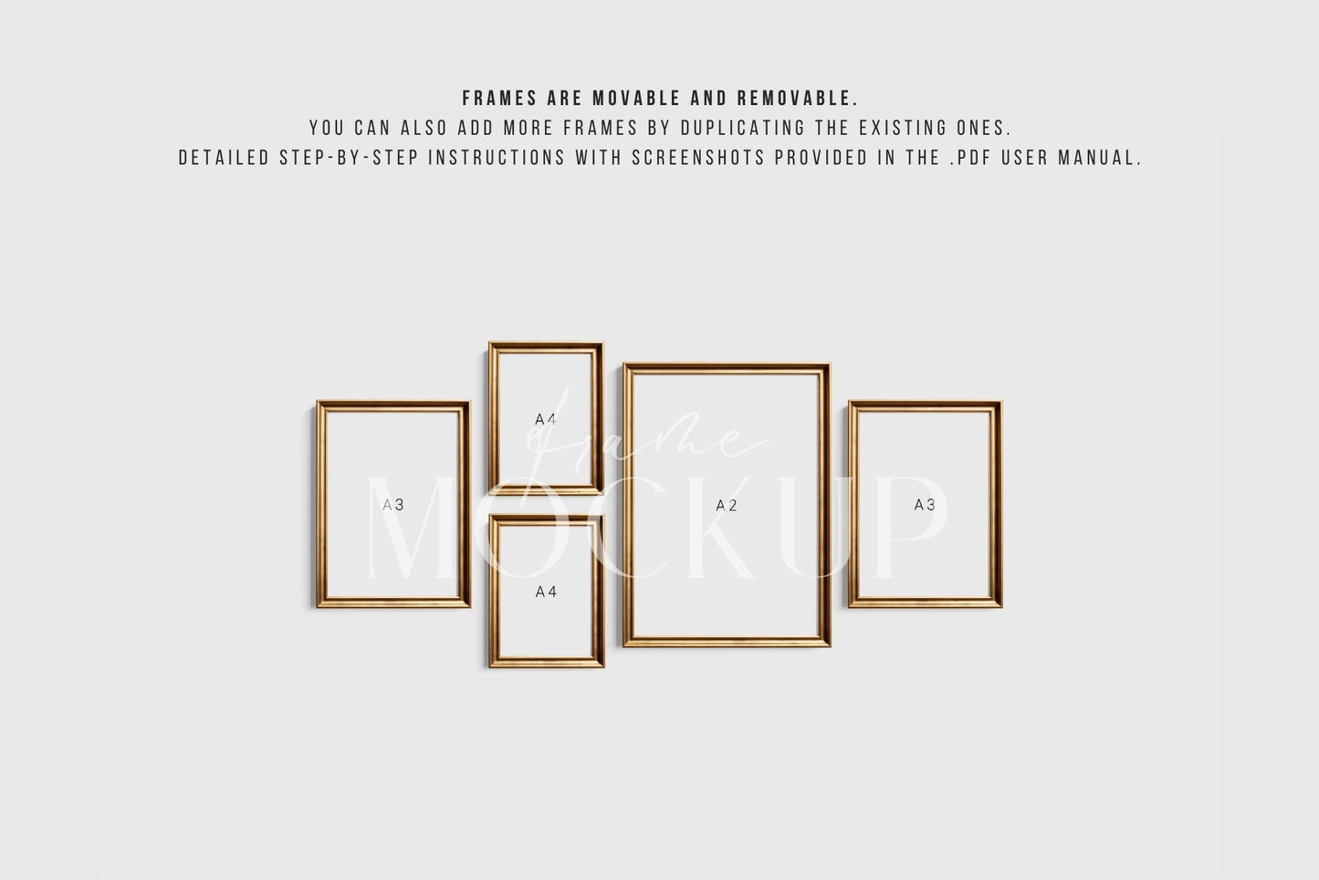 Gold Metallic Gallery Wall Mockup | Frame Mockup Set of 5 Vertical Frames A4, A3, A2 | Aspect Ratio 5:7 | Vintage Gold Frame Mockup Set | PSD Template + Transparent PNG Files