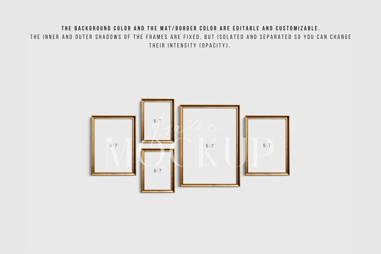 Gold Metallic Gallery Wall Mockup | Frame Mockup Set of 5 Vertical Frames A4, A3, A2 | Aspect Ratio 5:7 | Vintage Gold Frame Mockup Set | PSD Template + Transparent PNG Files