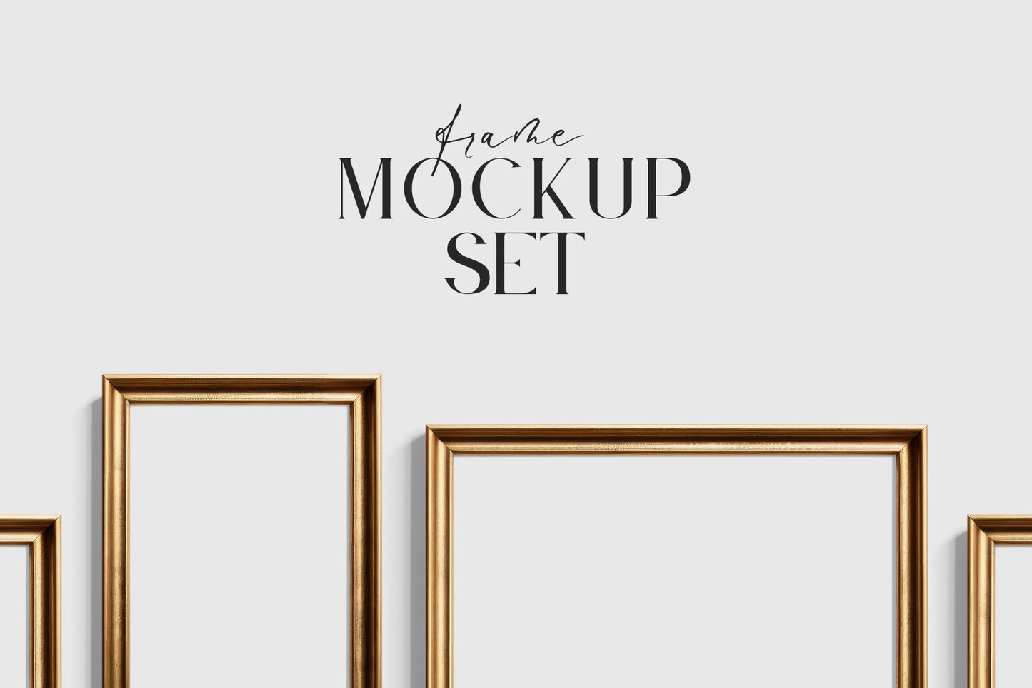 Gold Metallic Gallery Wall Mockup | Frame Mockup Set of 5 Vertical Frames A4, A3, A2 | Aspect Ratio 5:7 | Vintage Gold Frame Mockup Set | PSD Template + Transparent PNG Files