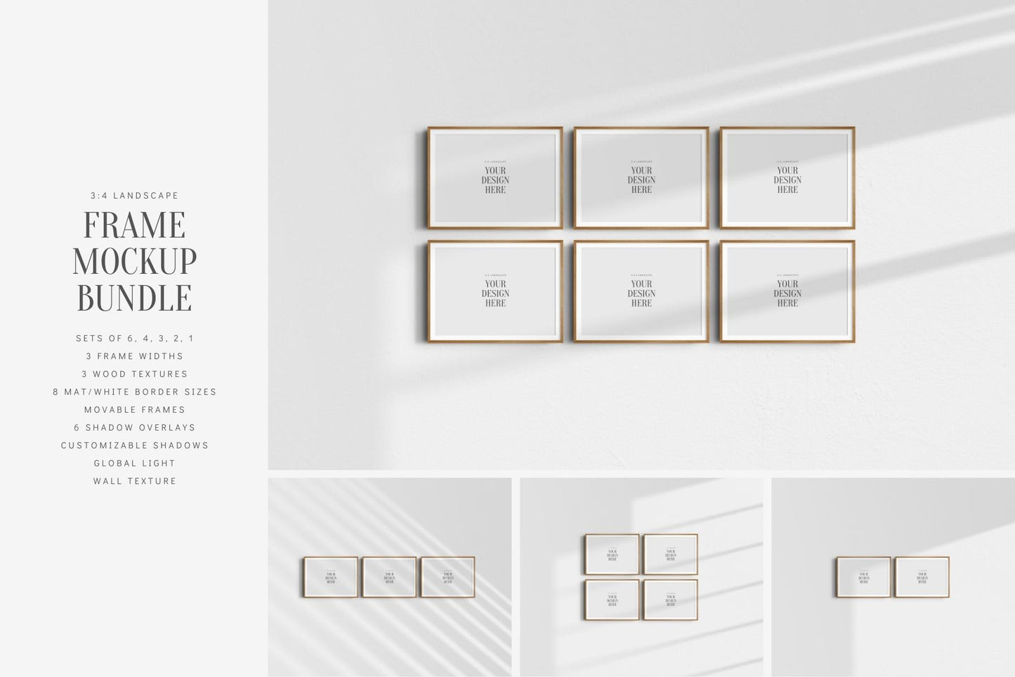 4:3 FRAME MOCKUP BUNDLE 3:4 Landscape | Gallery Wall Mockups | Frame Mockup Sets of 6, 4, 3, 2 + 1 Single Frame | PSD