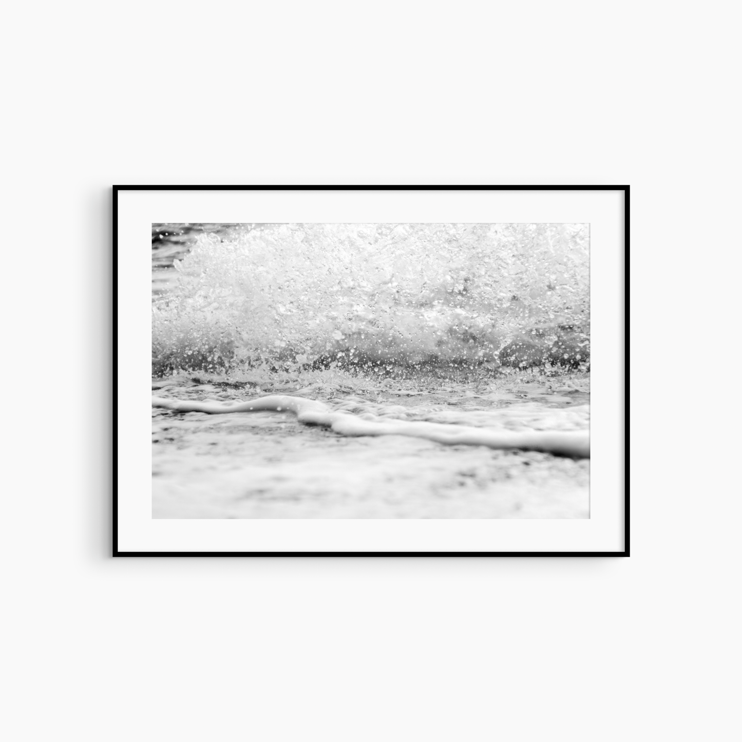 Crashing wave and foam photography print, black and white coastal wall art, beach shoreline print