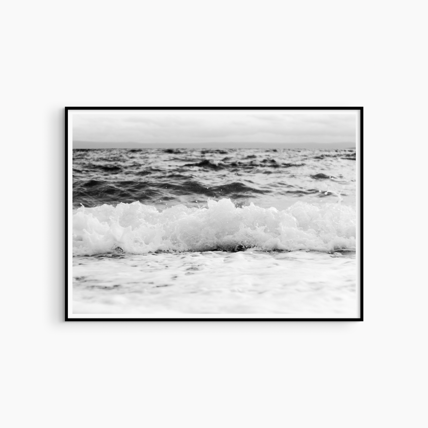 Ocean wave and horizon photography print, black and white stormy sea wall art, coastal landscape print