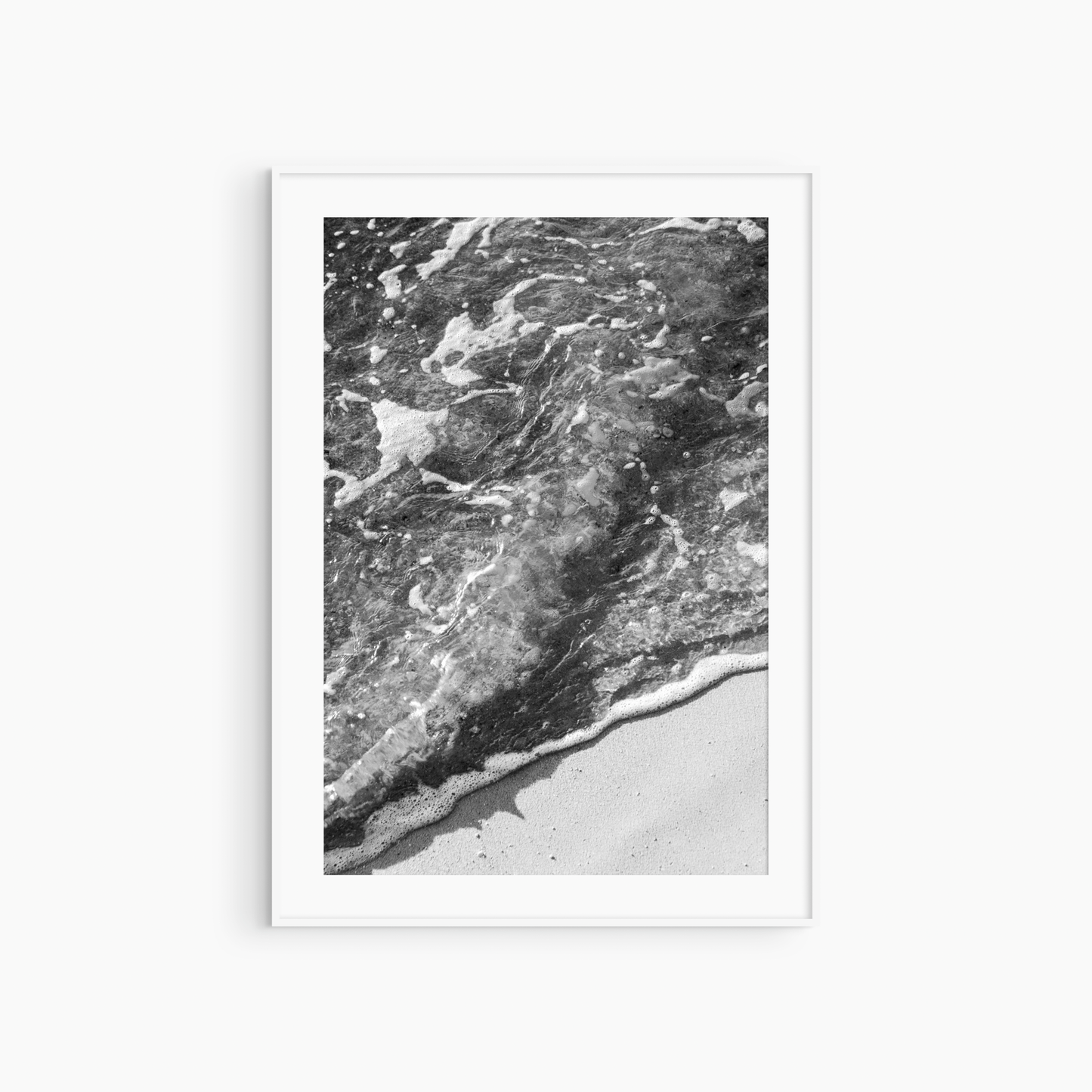 Printable shoreline photography, black and white sea foam and sand wall art, coastal texture print