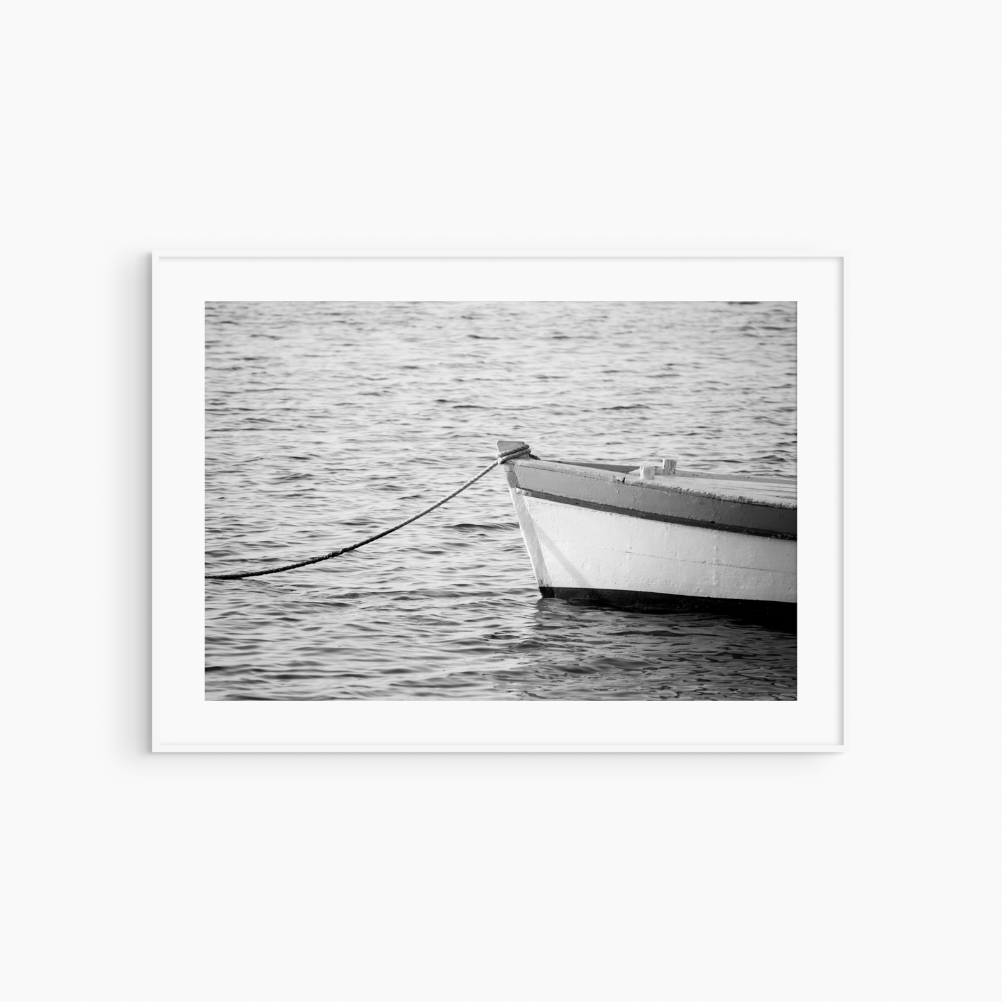 Black and white coastal boat print, fishing boat and mooring rope wall art, Mediterranean sea printable