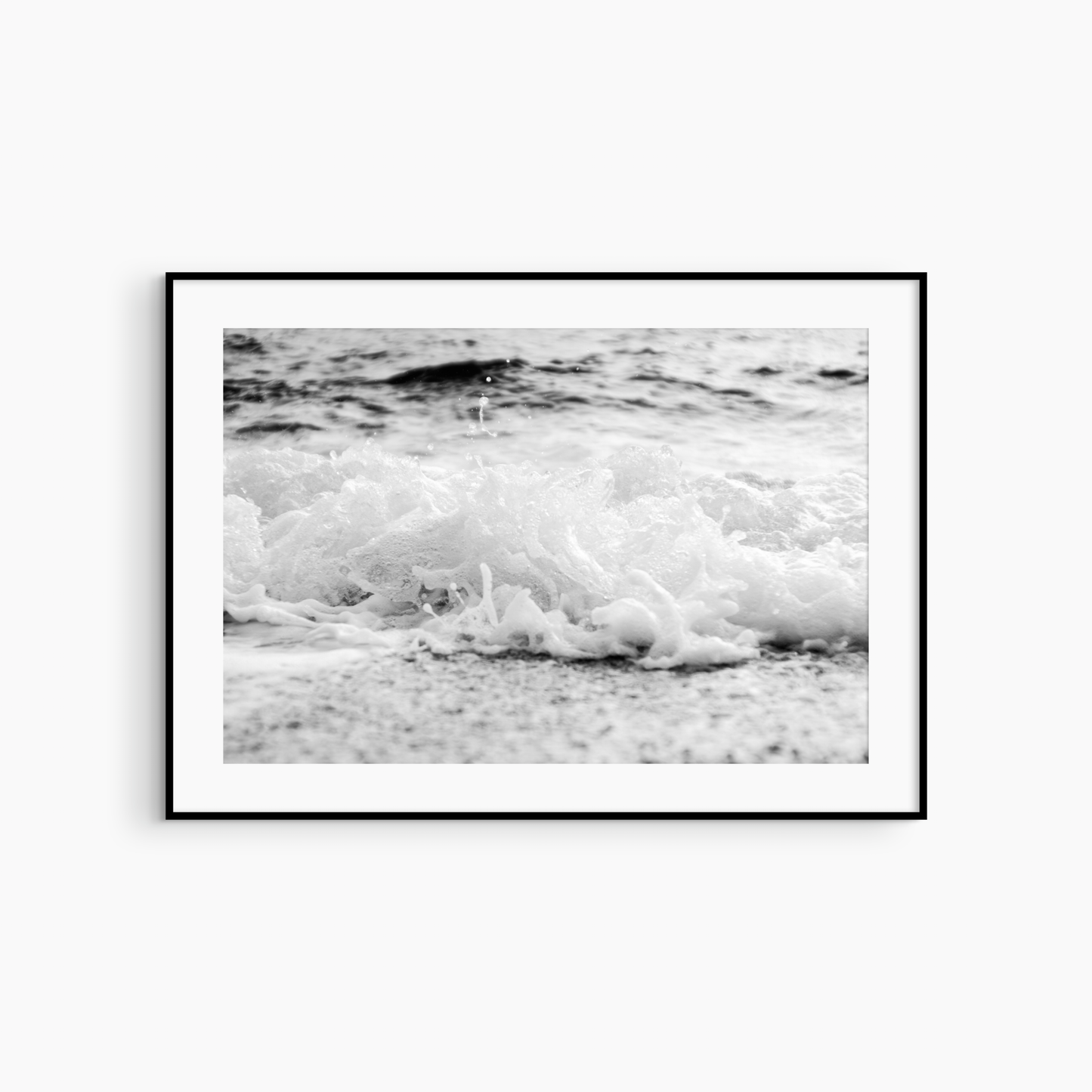 Printable foamy wave photography, black and white ocean shore wall art, wave surging on sand print