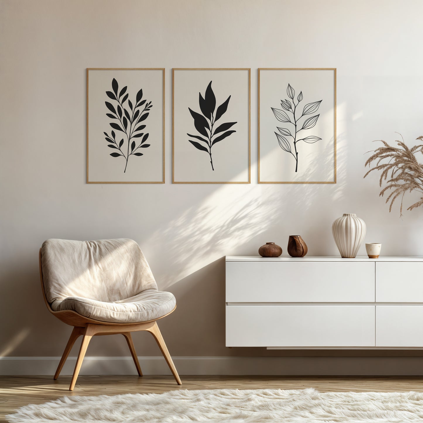 BOTANICAL WALL ART. NEUTRAL LEAF ART SET OF 3 PRINTS. Printable Wall Art Illustration.
