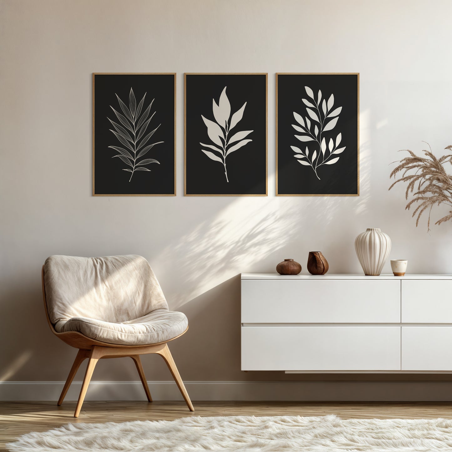 BOTANICAL WALL ART. NEUTRAL LEAF ART SET OF 3 PRINTS. Printable Wall Art Illustration.