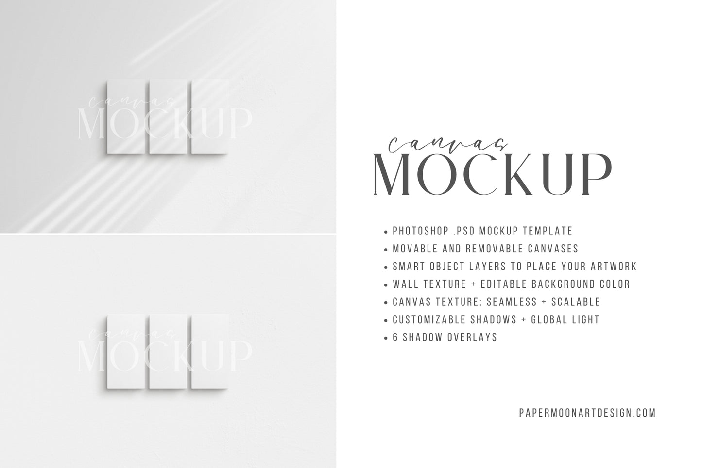 Canvas Mockup 1:2 Portrait Set of 3 Canvases | Unframed Art Canvas Mockup | Vertical Canvas Mockup Template PSD | Front View