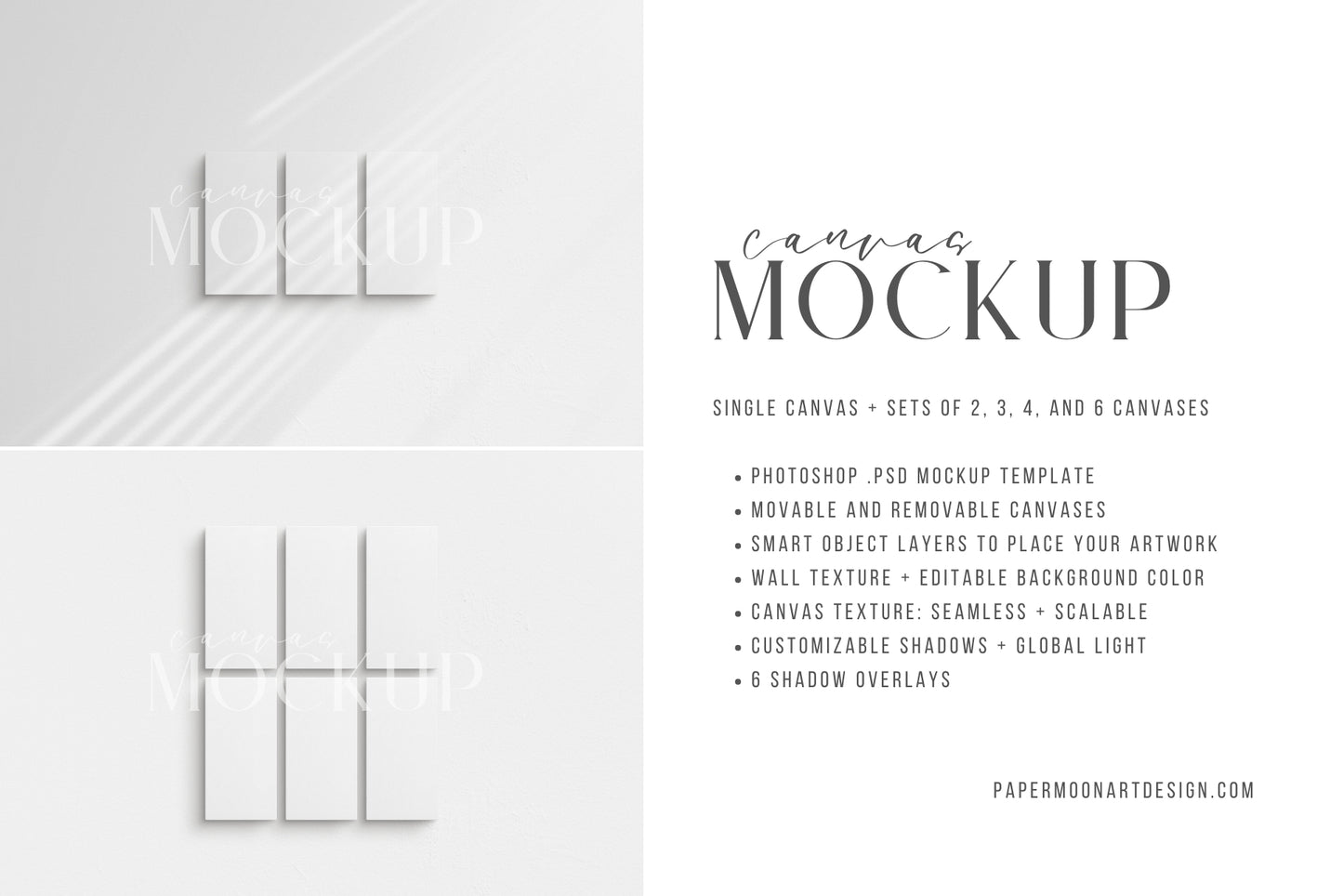 Canvas Mockup 1:2 Portrait Single + Sets of 2, 3, 4, 6 Vertical Canvases | Unframed Art Canvas Mockup | Vertical Canvas Mockup Template PSD | Front View