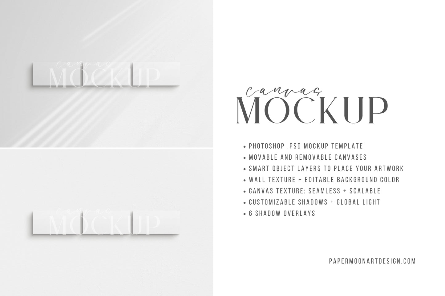 Canvas Mockup 2:1, 1:2 Landscape Set of 3 Canvases | Unframed Art Canvas Mockup | Horizontal Canvas Mockup Template PSD | Front View