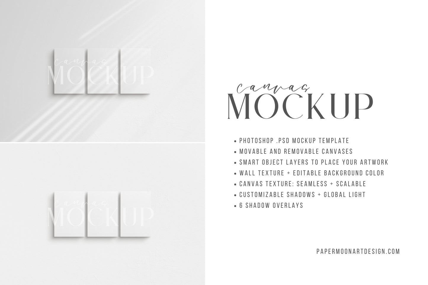 Canvas Mockup 2:3 Portrait Set of 3 Canvases | Unframed Art Canvas Mockup | Vertical Canvas Mockup Template PSD | Front View