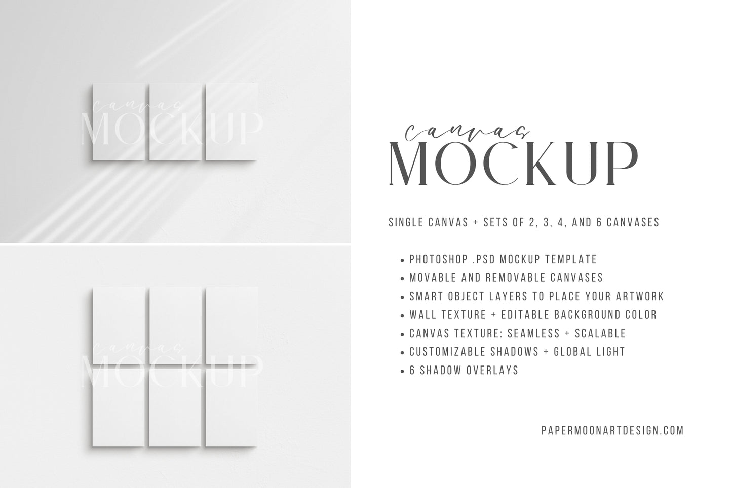 Canvas Mockup 2:3 Portrait Single + Sets of 2, 3, 4, 6 Vertical Canvases | Unframed Art Canvas Mockup | Vertical Canvas Mockup Template PSD | Front View