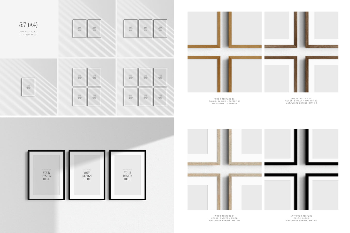 Frame Mockup Bundle 5:7 A4 | 7:5 | Vertical and Horizontal Frame Mockups | Single Frames and Sets of 2, 3, 4, 6 | PSD