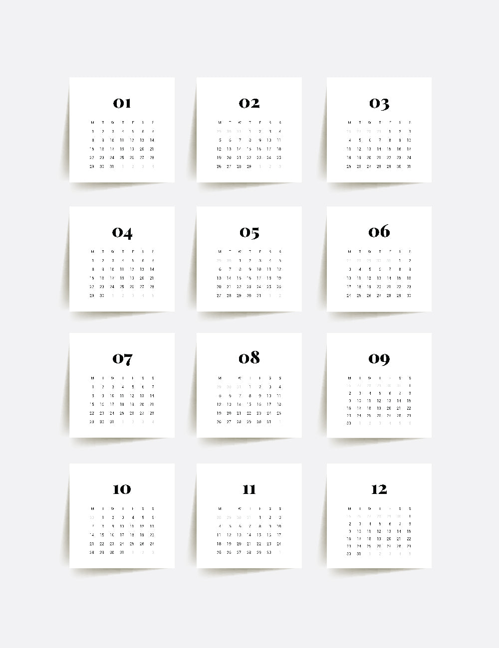 2024 Calendar | 3x3 | 2x2 | Printable Journaling & Planner Cards | Printable Mini Calendar 2024 | Bujo Calendar 2024 | Minimal Aesthetic | Clean Design | Monday Start + Sunday Start | PDF + JPEG | 01