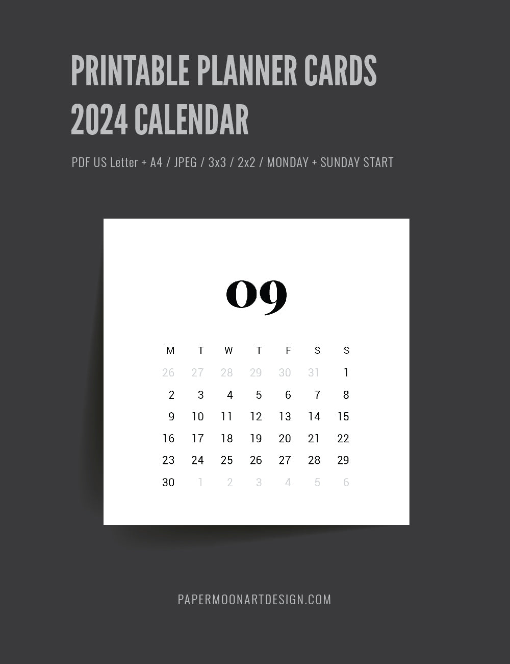 2024 Calendar | 3x3 | 2x2 | Printable Journaling & Planner Cards | Printable Mini Calendar 2024 | Bujo Calendar 2024 | Minimal Aesthetic | Clean Design | Monday Start + Sunday Start | PDF + JPEG | 01