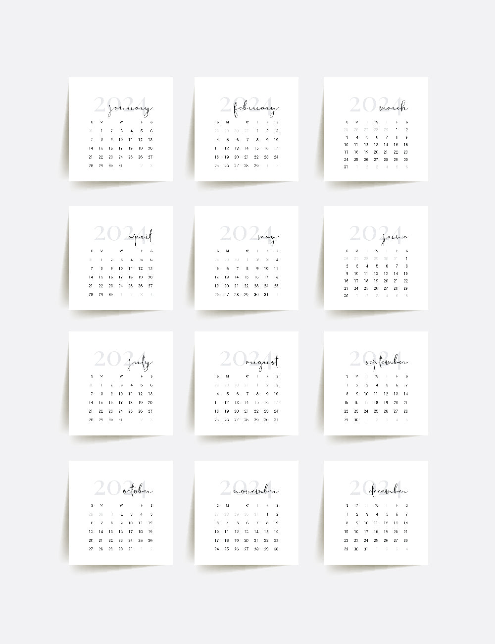 2024 Calendar | 3x3 | 2x2 | Printable Journaling & Planner Cards | Printable Mini Calendar 2024 | Bujo Calendar 2024 | Minimal Aesthetic | Clean Design | Monday Start + Sunday Start | PDF + JPEG | 02