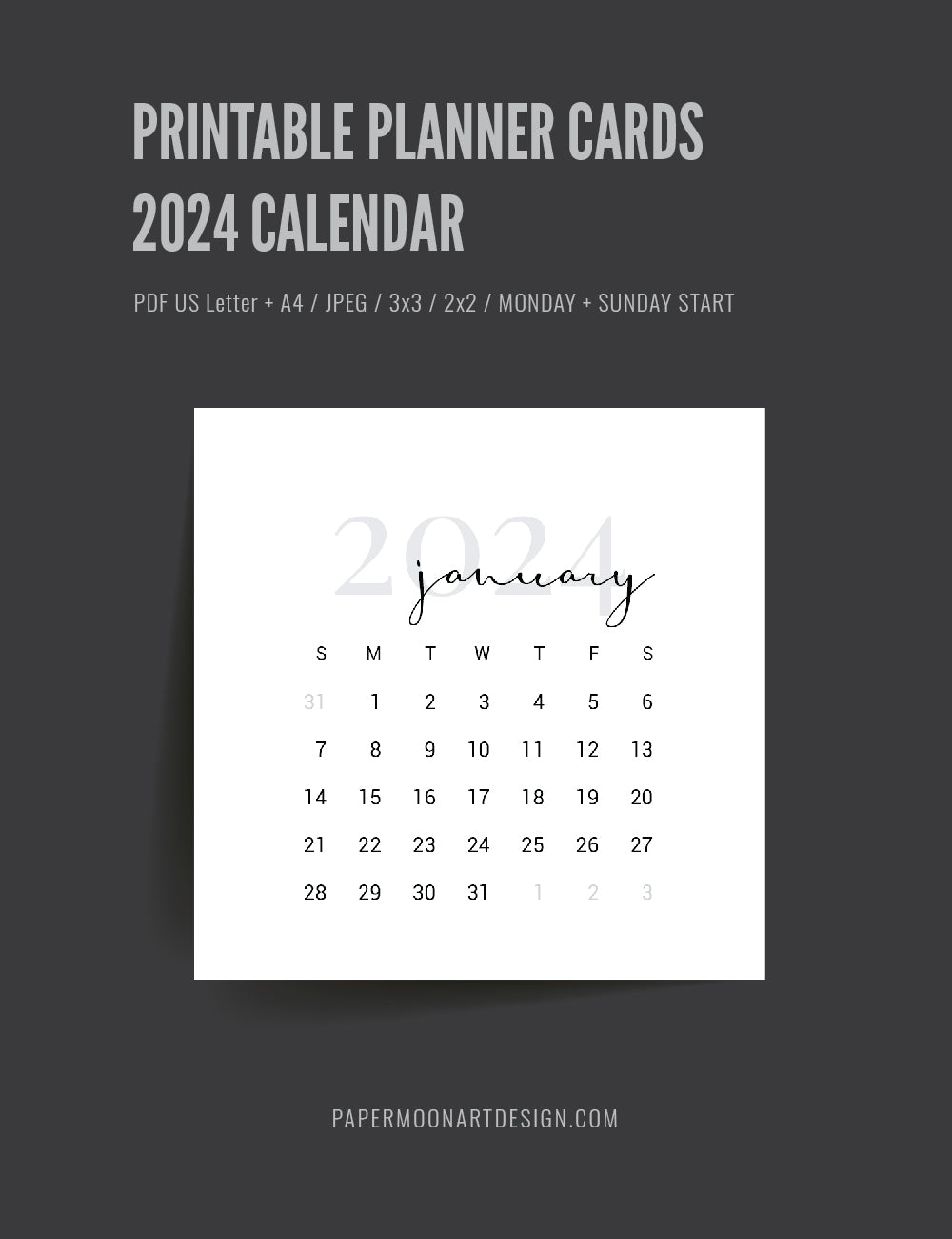 2024 Calendar | 3x3 | 2x2 | Printable Journaling & Planner Cards | Printable Mini Calendar 2024 | Bujo Calendar 2024 | Minimal Aesthetic | Clean Design | Monday Start + Sunday Start | PDF + JPEG | 02