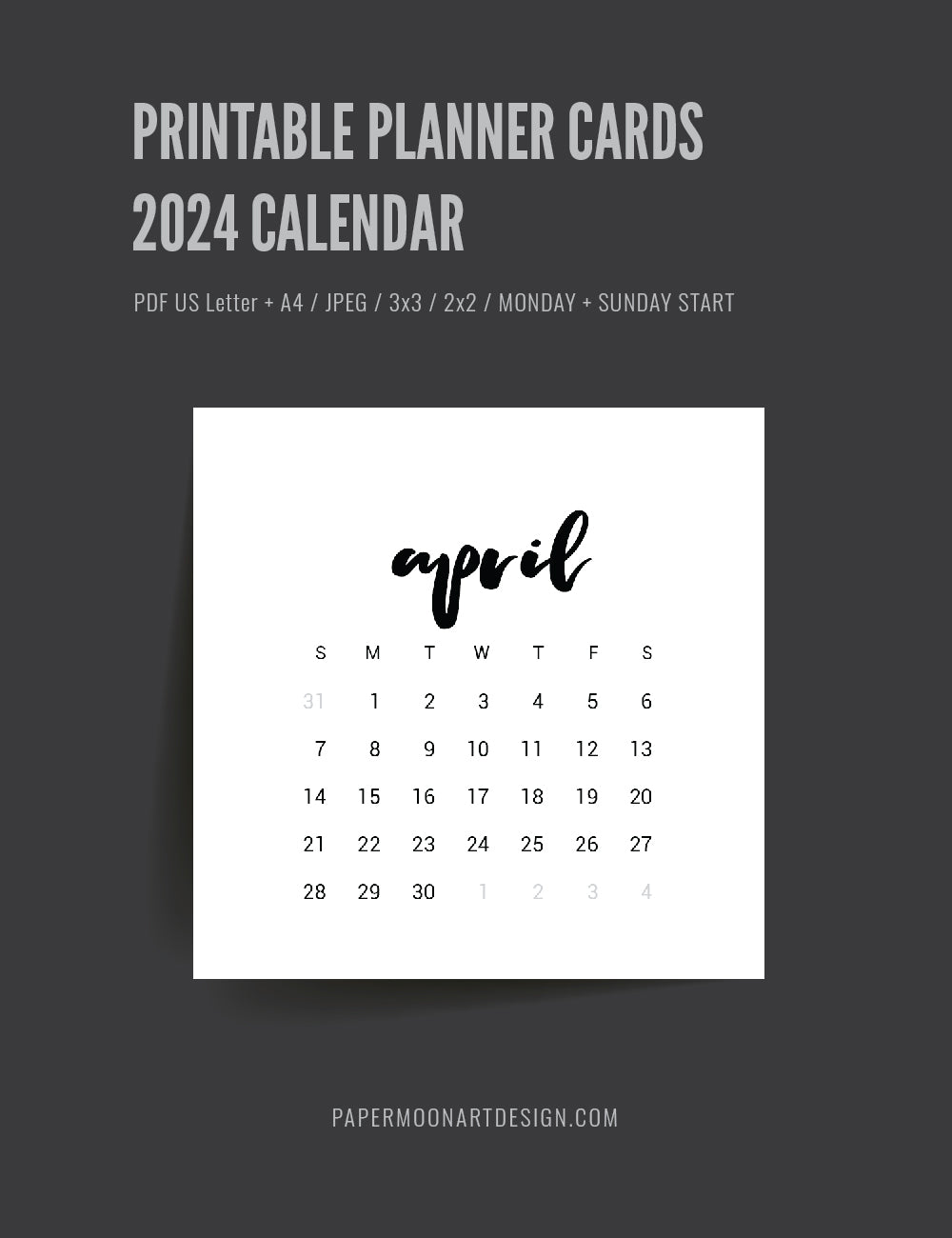 2024 Calendar | 3x3 | 2x2 | Printable Journaling & Planner Cards | Printable Mini Calendar 2024 | Bujo Calendar 2024 | Minimal Aesthetic | Clean Design | Monday Start + Sunday Start | PDF + JPEG | 04