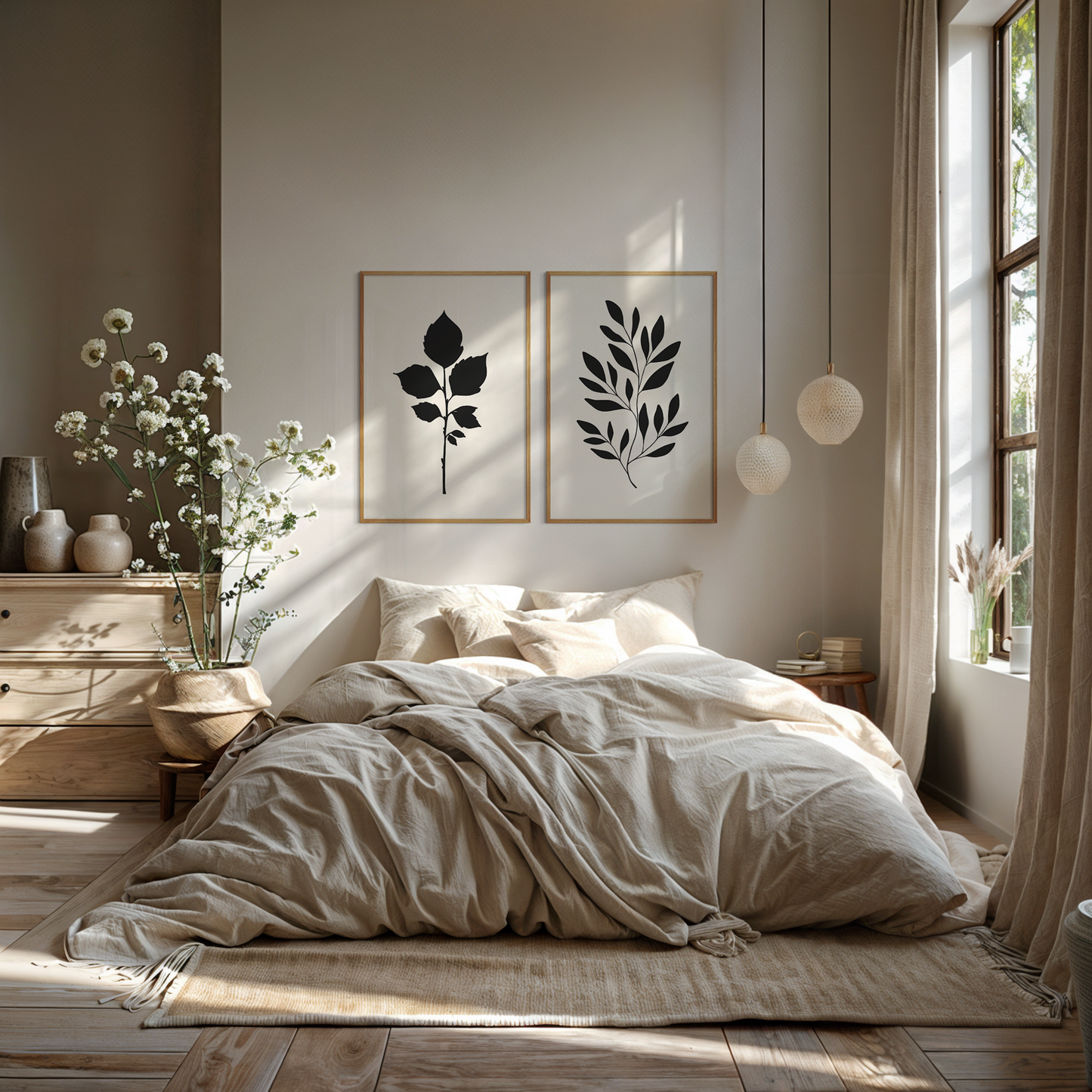 BOTANICAL WALL ART. NEUTRAL LEAF ART SET OF 2 PRINTS. Printable Wall Art Illustration.