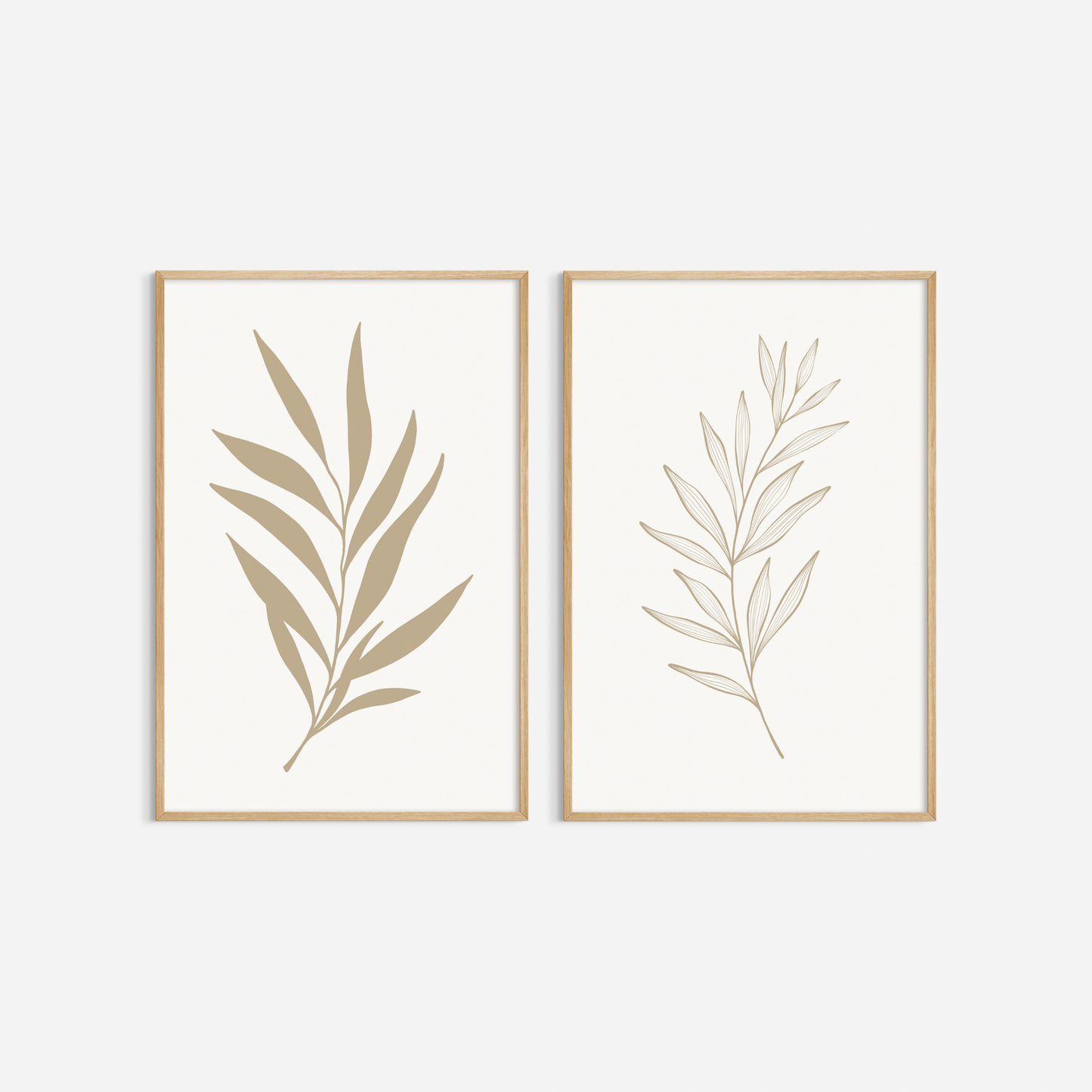 BOTANICAL WALL ART. NEUTRAL LEAF ART SET OF 2 PRINTS. Printable Wall Art Illustration.