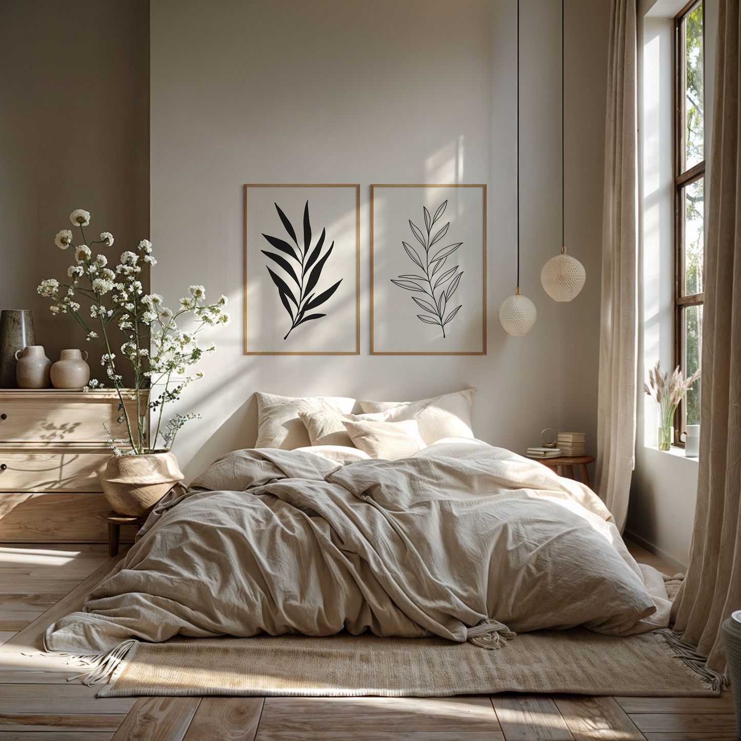 BOTANICAL WALL ART. NEUTRAL LEAF ART SET OF 2 PRINTS. Printable Wall Art Illustration.