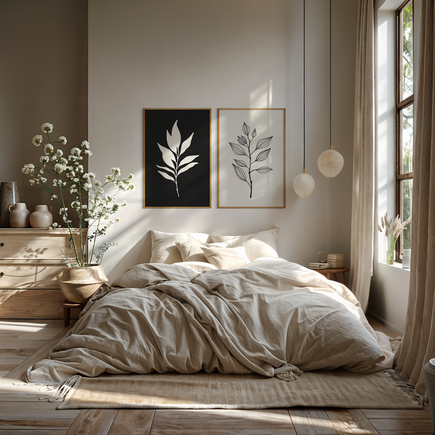 BOTANICAL WALL ART. NEUTRAL LEAF ART SET OF 2 PRINTS. Printable Wall Art Illustration.
