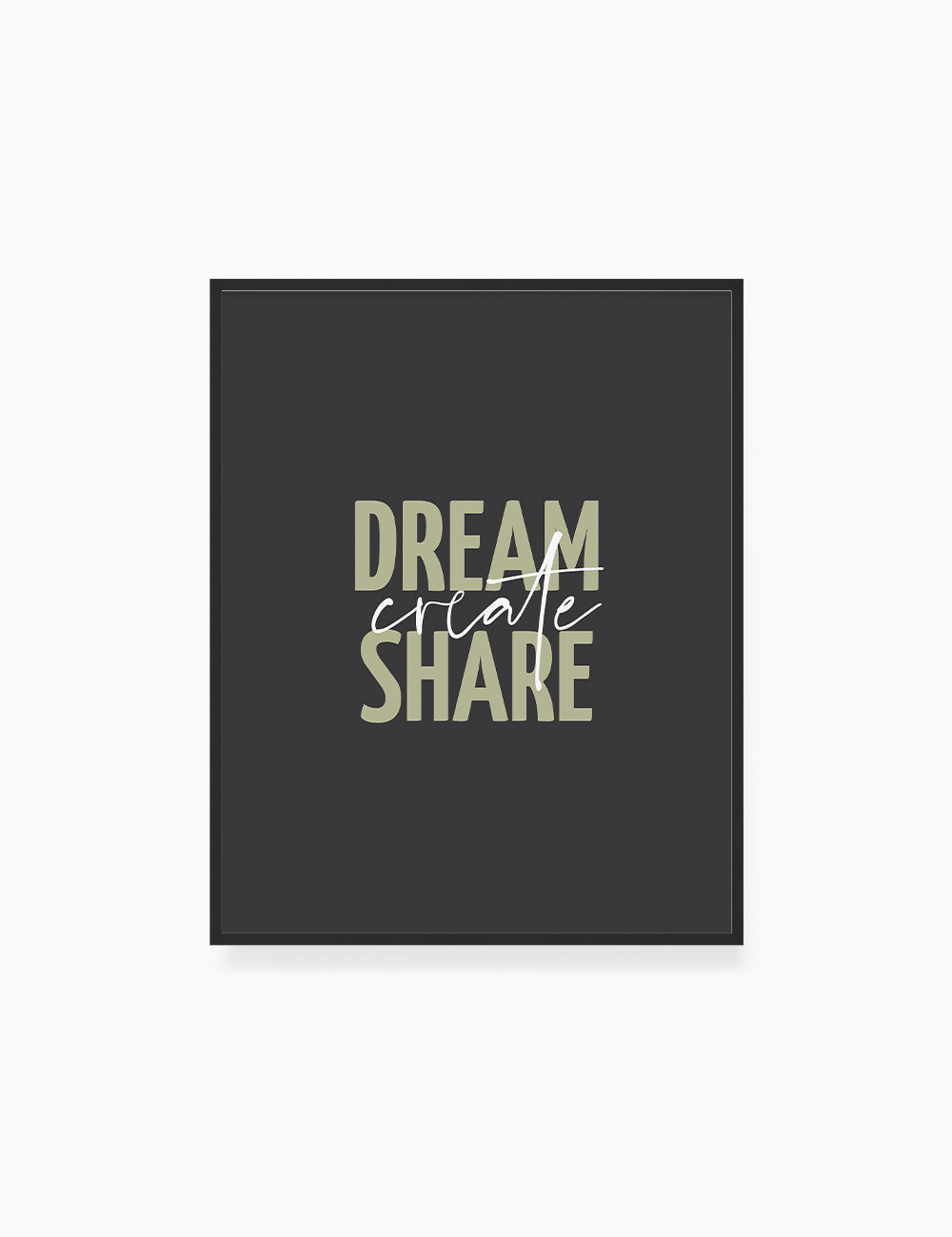 DREAM. CREATE. SHARE. Printable Wall Art Quote. Green. Dark Grey. Black. - PAPER MOON Art & Design
