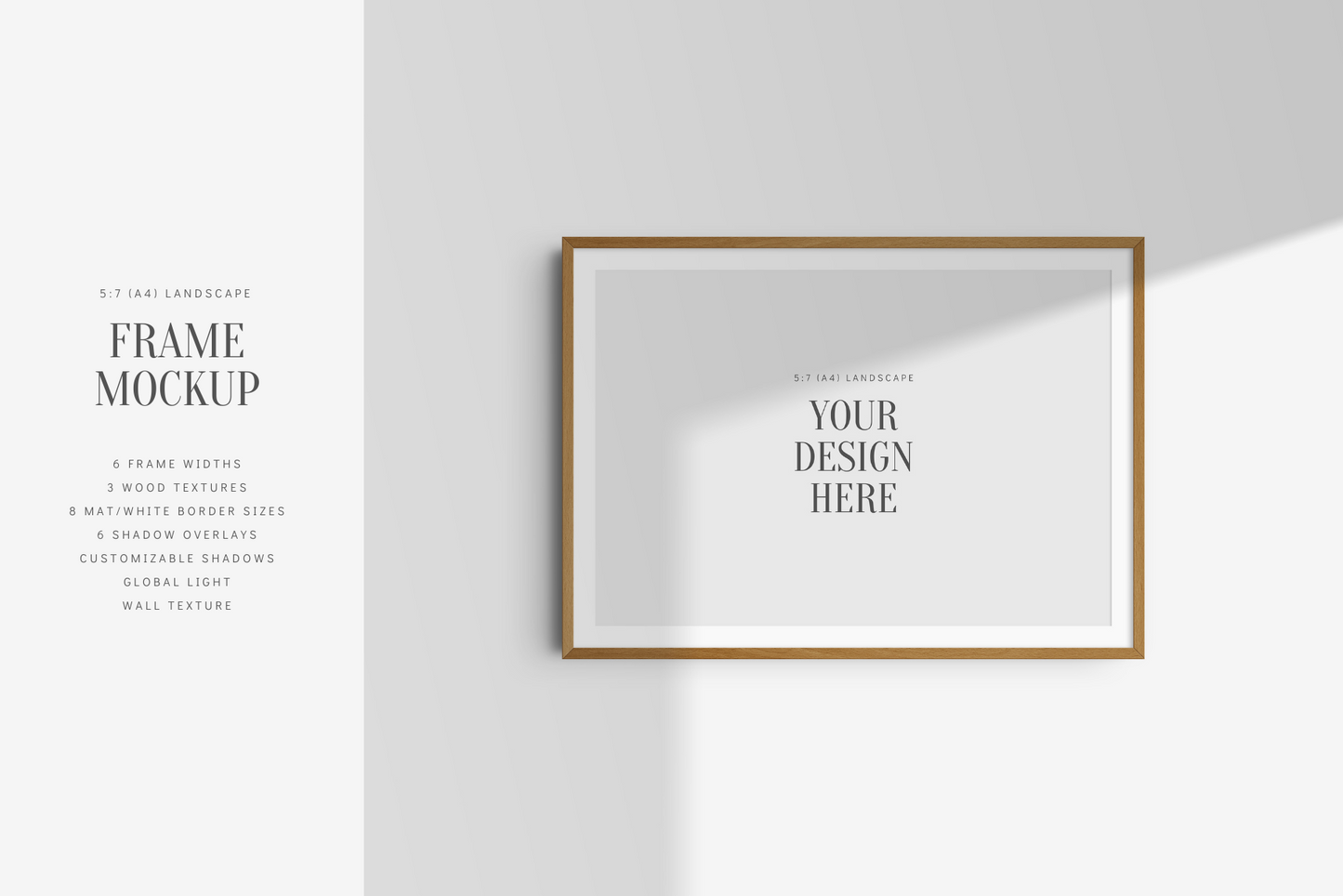 FRAME MOCKUP 5:7 (A4) LANDSCAPE | Horizontal Frame Mockup | Wood Frame Mockup | PSD