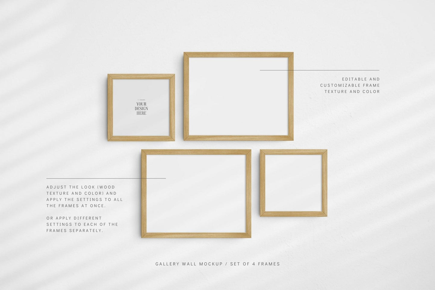 Gallery Wall Mockup | Set of 4 Frames | Frame Mockup | PSD | Oak Wood Frames
