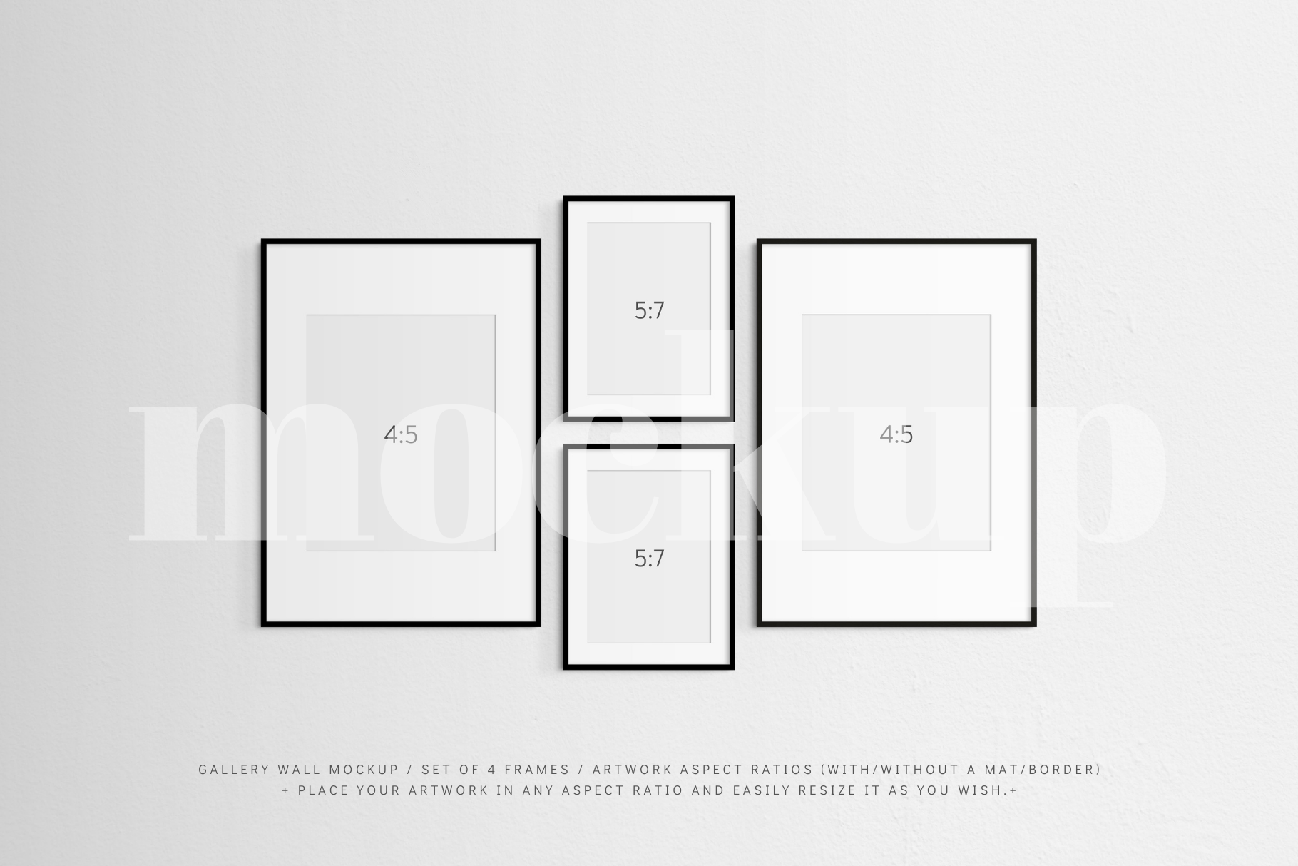 A gallery wall frame mockup that features a set of 4 thin black frames with or without a white mat (passe-partout) border.