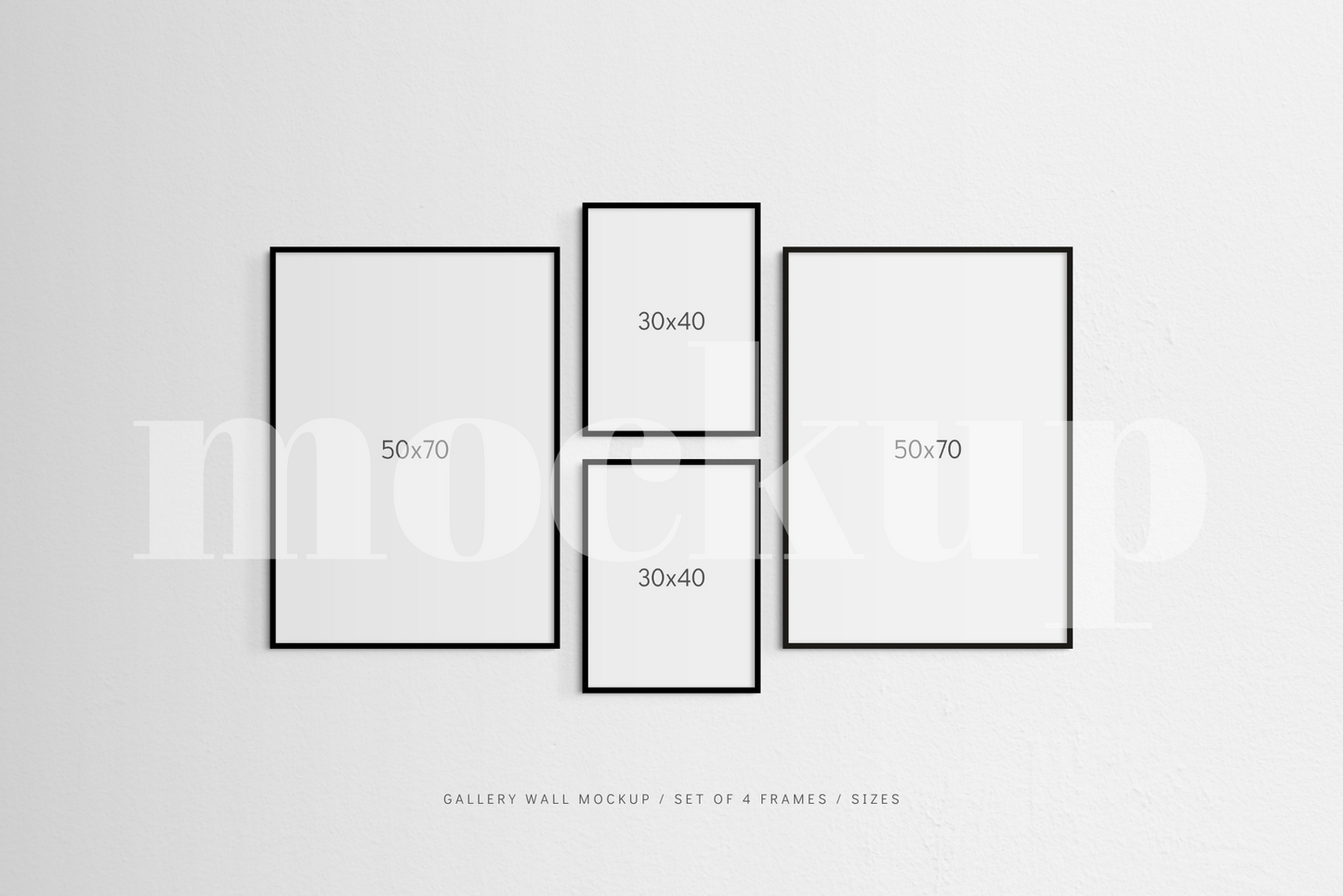 A modern, minimalist gallery wall frame mockup that features a set of 4 vertical black frames.