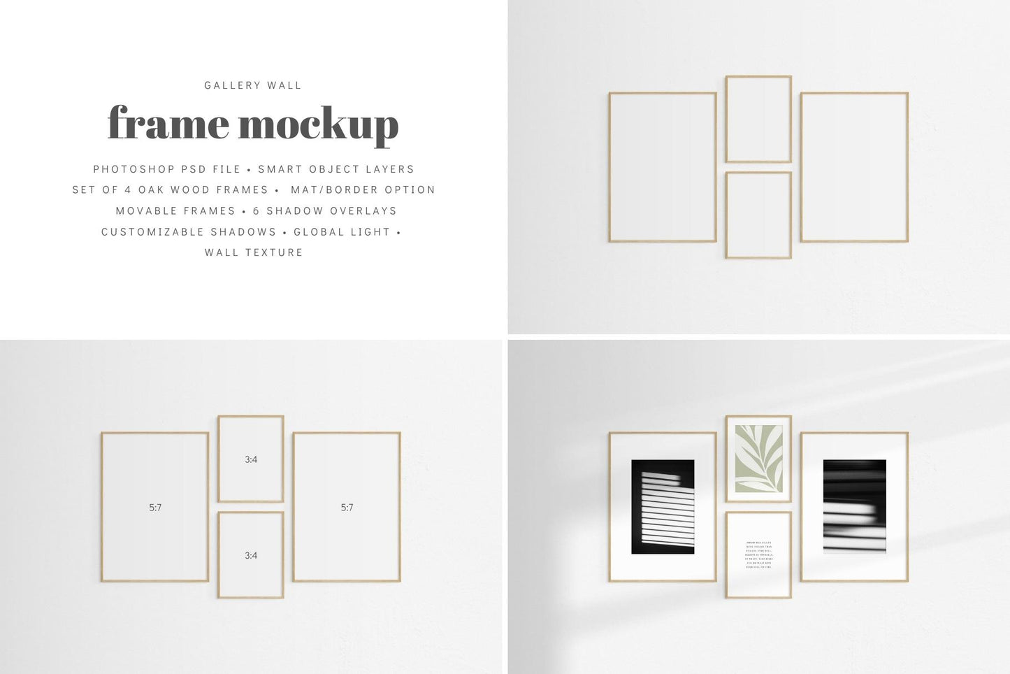 Gallery Wall Mockup | Set of 4 Frames | Frame Mockup | Oak Timber | PSD