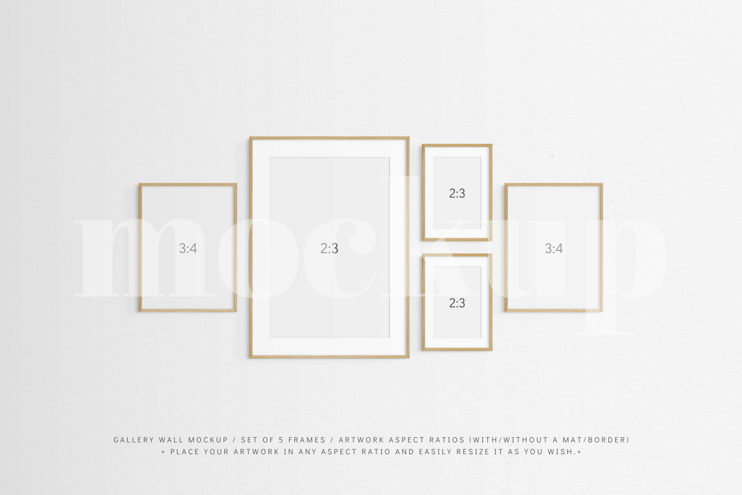 Gallery Wall Mockup | Set of 5 Frames | Frame Mockup | Oak Timber | PSD