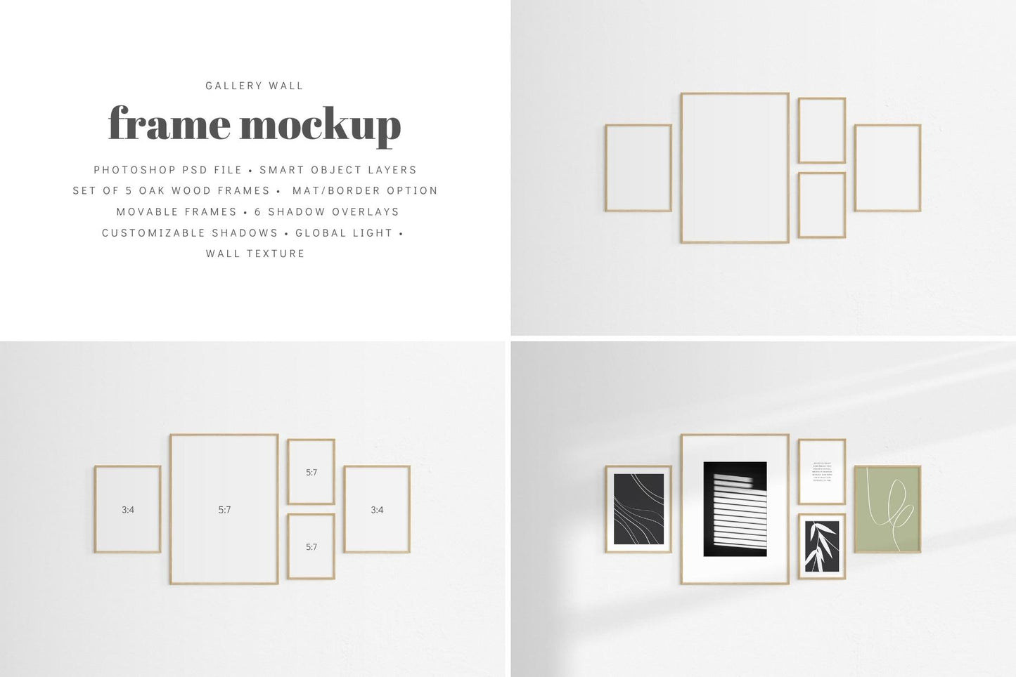 Gallery Wall Mockup | Set of 5 Frames | Frame Mockup | Oak Timber | PSD