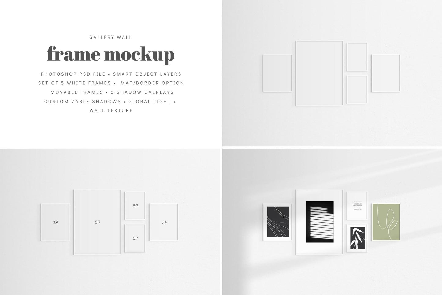 Gallery Wall Mockup | Set of 5 Frames | Frame Mockup | White | PSD