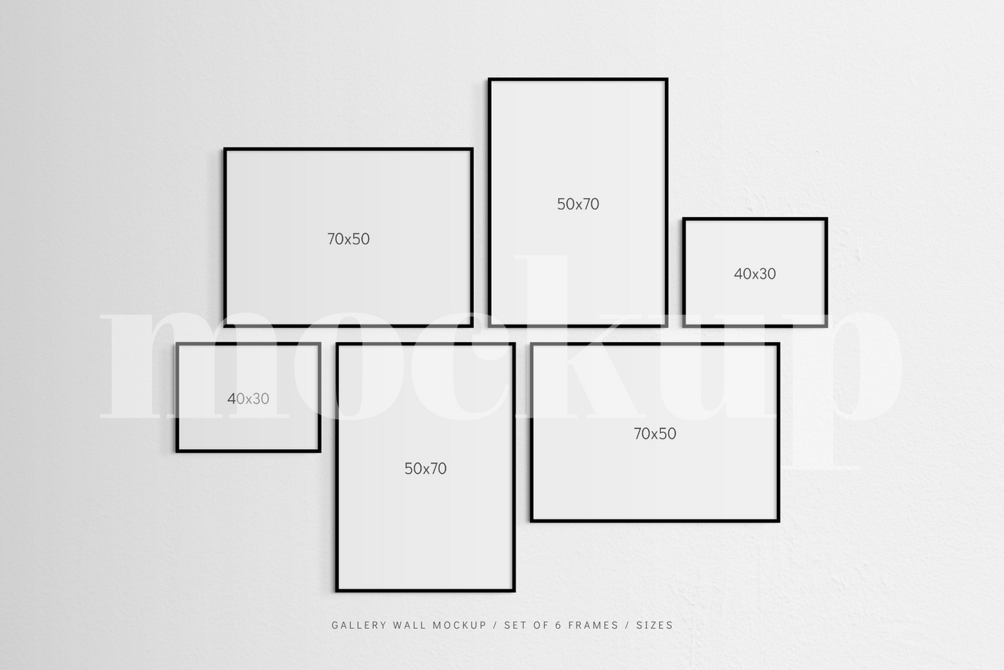 A modern, minimalist gallery wall frame mockup that features a set of 6 horizontal and vertical black frames.