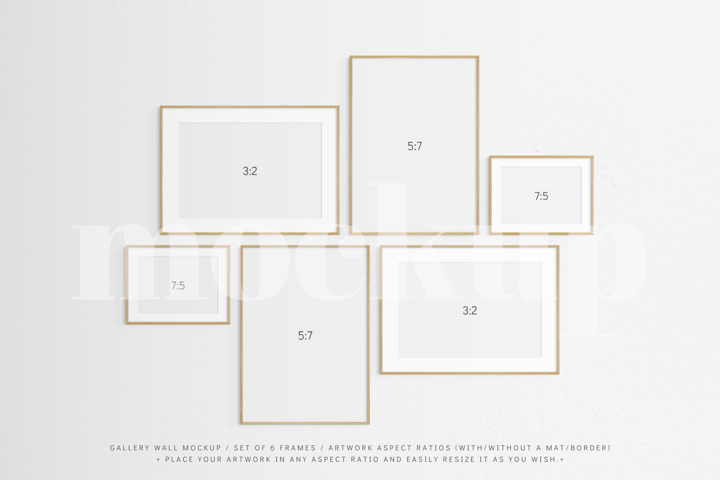 Gallery Wall Mockup | Set of 6 Frames | Frame Mockup | Oak Timber | PSD