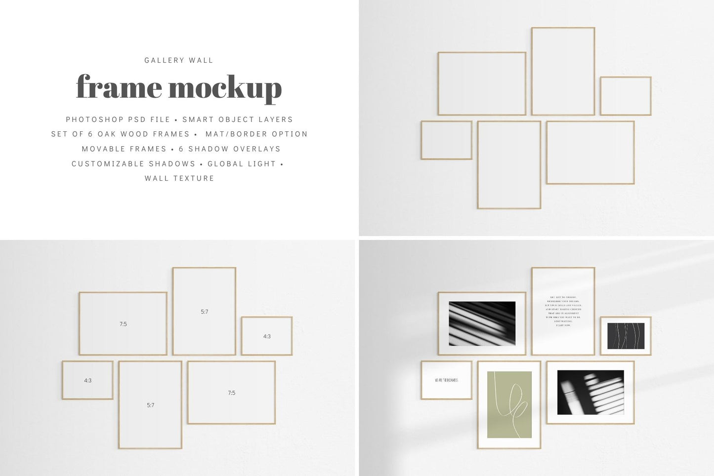 Gallery Wall Mockup | Set of 6 Frames | Frame Mockup | Oak Timber | PSD